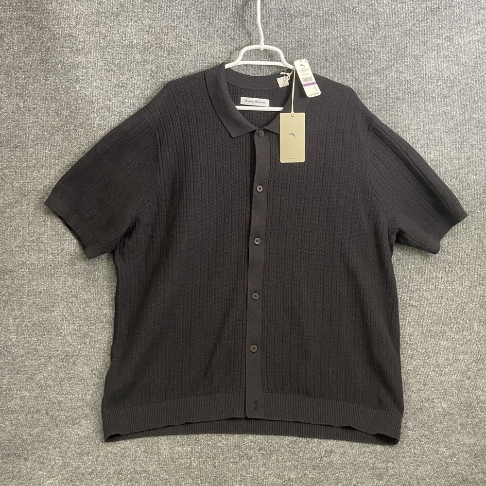 Tommy Bahama Villa View Button Front Polo Mens 2XL Black Heather Cotton Linen